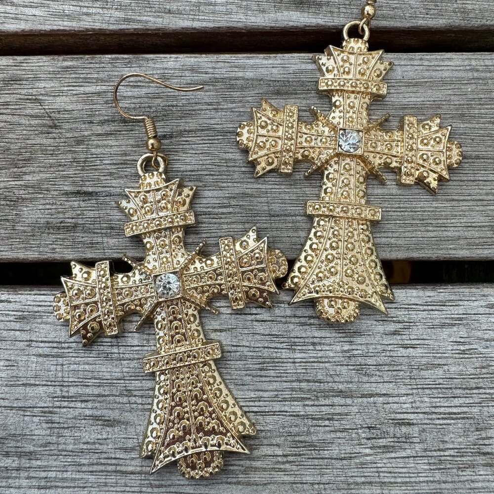 Large 3 1/4" 80s Madonna Style Textured Chunky Cross Earrings Rhinestone Accent